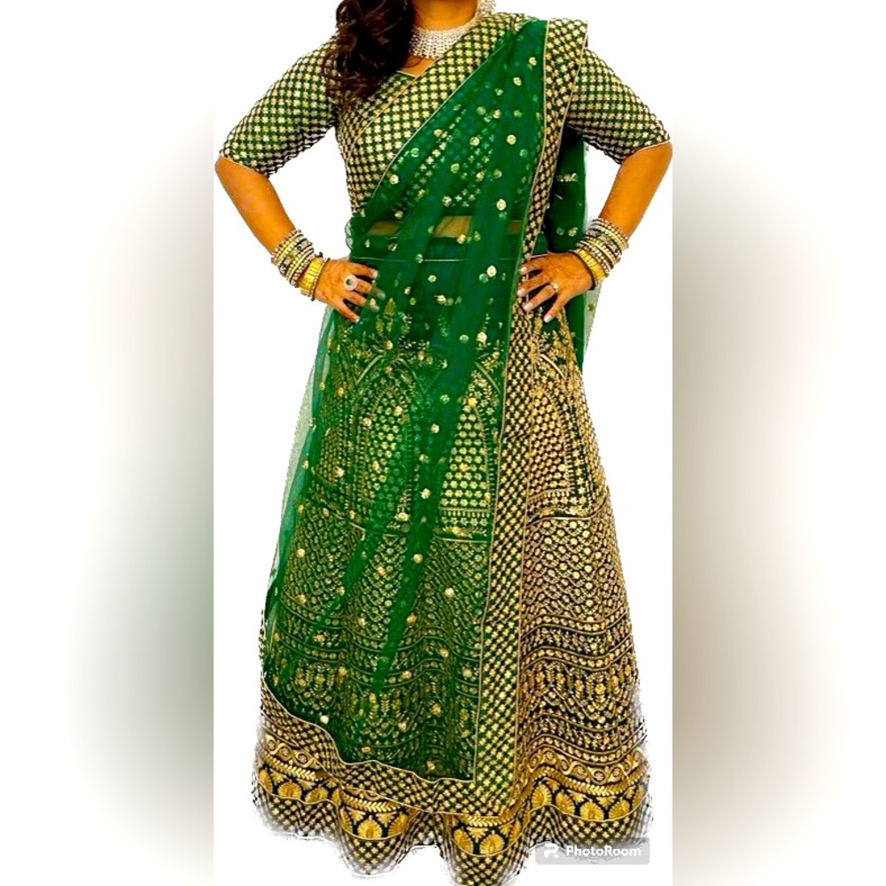 Lehenga Green Gold Indian Party Wear Wedding Guest Reception Heavy Fancy! Sari